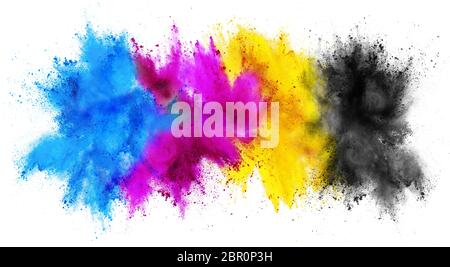 Colorato CMYK Ciano Magenta Giallo key holi di vernice in polvere di colore di stampa esplosione concetto isolato su sfondo bianco Foto Stock