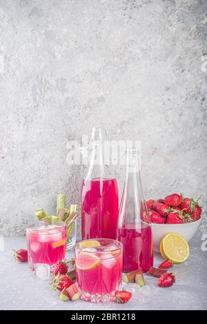 Rabarbaro fatto in casa e cocktail di alcol alla fragola. Liquore o gin di rabarbaro, su sfondo grigio con rabarbaro fresco, fragole, limone, menta Foto Stock