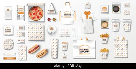 Mockup per pizzeria, caffè, fast food ristorante. Insieme di branding di pizza, uniforme, popcorn, hamburger, hot dog, confezione di carta. Pacchetto caffè, fast food Illustrazione Vettoriale