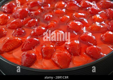 Torta di fragole in una teglia nera a forma di primavera - primo piano di gelatina di frutta condimento, una vista dettagliata di un gustoso fresco cac fatto in casa con molte fragole rosse Foto Stock