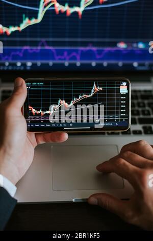 analisi del profitto del broker sul grafico commerciale con candelabri. Il profitto di negoziazione di azioni finanziarie utilizzando più dispositivi in ufficio. Foto Stock
