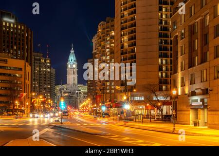 Philladelphia Municipio Torre dell Orologio in Philladelphia, Pennsylvania, USA. Tramonto Foto Stock