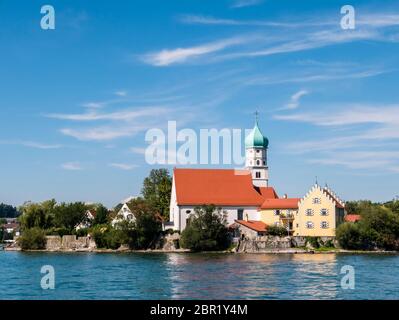 Kirche a Wasserburg am Bodensee, Germania, chiesa a Wasserburg am Bodensee, Lago di Costanza, Germania Foto Stock