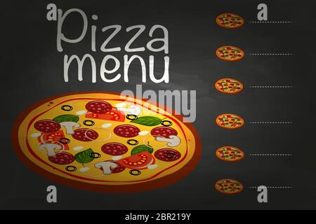 Menu pizza lavagna sfondo cartoon ingredienti freschi illustrazione vettoriale Illustrazione Vettoriale