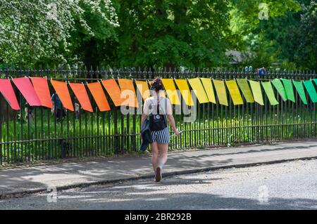Glasgow, Scozia, Regno Unito. 20 Maggio 2020. Dipinti multicolore che forniscono un tributo artistico al NHS sono fissati con i ganci di vestiti alle ringhiere del Queen's Park durante il blocco del coronavirus. Credit: Notizie dal vivo SKULLY/Alamy Foto Stock