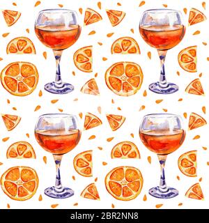 Modello senza cuciture con bicchieri di succo di arancia. Estate di agrumi drink esotici. Fette di arancia. Disegnate a mano acquerello. Sfondo luminoso per la stampa Foto Stock