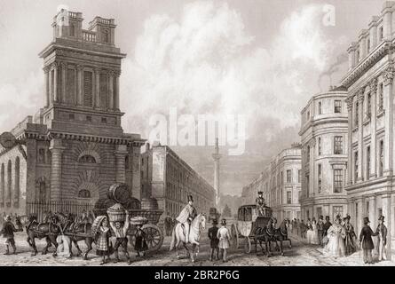 King William Street e St Mary Woolnoth, Londra, Inghilterra, XIX secolo. Dalla storia di Londra: Illustrato dalle viste a Londra e a Westminster, pubblicato intorno al 1838. Foto Stock