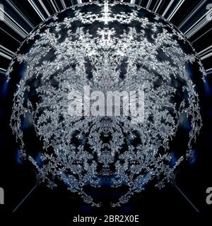 Abstract digitale moderno e futuristico wallart sullo sfondo di un nero, blu e bianco rotondo, cava grafica frattale pianeta nello spazio fatto di crystal sp Foto Stock