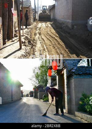 (200520) -- KELAN, 20 maggio 2020 (Xinhua) -- la foto combinata mostra la vista della strada nel villaggio di Songjiagou nella Contea di Kelan, nella provincia di Shanxi, prima (foto in archivio, in alto) e dopo (foto scattata da Cao Yang il 9 maggio 2020) ristrutturazione. La contea di Kelan si trova nell'area centrale dell'altopiano di Loess e delle profonde montagne di Lyuliang, con quasi la metà dei suoi villaggi che si trovano di fronte a cattive condizioni di produzione e di vita. Nel 2017 il governo locale ha attuato un piano di rilocazione per le famiglie povere in villaggi remoti come un passo chiave per alleviare la povertà e il nuovo villaggio di Songjiagou è diventato una deloca centralizzata Foto Stock