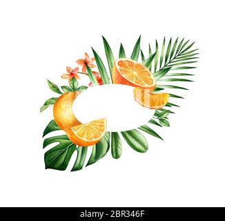 Banner tropicale acquerello. Cornice ovale con posizione per il testo. Frutti di arancio realistici e foglie di monstera. Sfondo dipinto a mano per logo e carte Foto Stock