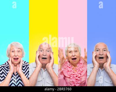 Il collage di diverse emozioni di senior donna e uomo. Vecchia coppia con espressioni di sorpresa su facce sul colore di sfondo per studio. Emozione umana Foto Stock