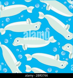 Motivo decorativo della balena bianca su indicatori di sfondo blu e le bolle di aria Foto Stock