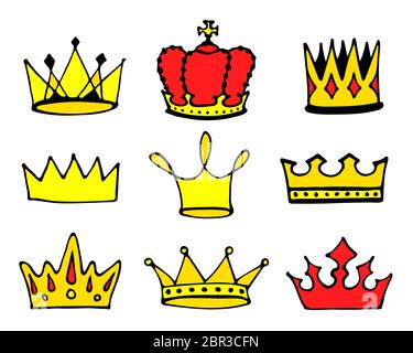 Collezione di doodle con logo Crowns. Icone disegnate a mano di principessa o corona regina sono isolate su bianco. Illustrazione vettoriale Illustrazione Vettoriale