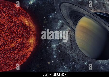 Sistema solare - Saturno. È il sesto pianeta dal sole e la seconda più grande del Sistema Solare. Esso è un gas pianeta gigante e dispone di un sistema ad anello. Foto Stock