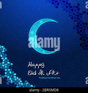 crescent blu brillante colore islamico felice eid fitr evento musulmano design con stile geometrico di ripetizione Illustrazione Vettoriale