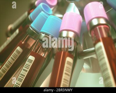 Attrezzature da laboratorio per la centrifugazione del sangue. Concetto di immagine di un esame del sangue. 3D'illustrazione. Foto Stock