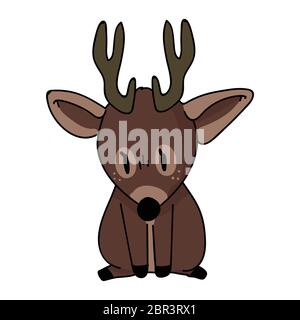 Carino foresta seduta cervo animale illustrazione vettore. Anatra cervo con antlers. Stile di doodle disegnato a mano per bambini. Per arredamento baby vivaio, boho bambini Illustrazione Vettoriale