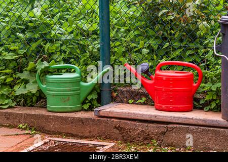 Una lattina di annaffiatura verde e una rossa in giardino Foto Stock