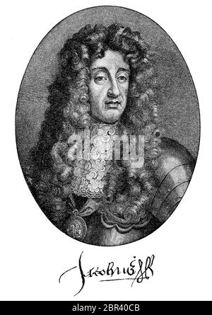 James II. D'Inghilterra, James II., 14 ottobre 1633 -. Il 16 settembre 1701, contemporaneamente Giacomo VII di Scozia, fu incoronato il 23 aprile 1685 al re d'Inghilterra, re di Scozia e re d'Irlanda/Jakob II. D'Inghilterra, Giacomo II., 14. Ottobre 1633 - 16. Settembre 1701, zugleich Jakob VII. Von Schottland, wurde am 23. Aprile 1685 zum König von England, König von Schottland und König von Irland gekrönt, Historisch, riproduzione storica e digitale migliorata di un originale del XIX secolo / digitale Reproduktion einer Originalvorlage aus dem 19. Jahrhundert, Foto Stock