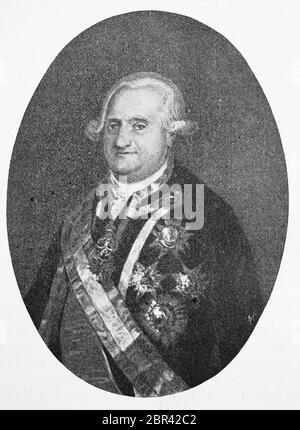 Carlo IV, Carlo IV, 11 novembre 1748 - 20 gennaio 1819, era Re di Spagna il 14 dicembre 1788 alle sue dimissioni il 19 marzo 1808 / Karl IV Carlos IV, 11. 1748 novembre - 20. Gennaio 1819, guerra spanischer König vom 14. Dezember 1788 bis zu seiner Abdankung am 19. März 1808, Historisch, storico, digitale riproduzione migliorata di un originale del 19 ° secolo / digitale Reproduktion einer Originalvollage aus dem 19. Jahrhundert, Foto Stock