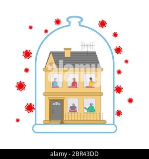 Casa sotto campana di vetro Coronavirus protezione. Isolamento automatico della quarantena. Virus COVID-19 circa Illustrazione Vettoriale