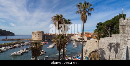 Panorama multi immagine del porto di Dubrovnik presto una mattina nel maggio 2017 pieno di barche ormeggiate in acqua e alcune sulla strada di scorrimento. Foto Stock