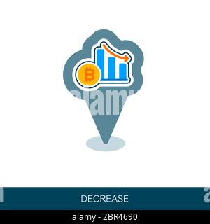 Tasso Bitcoin diminuire il pin icona della mappa. Puntatore Mappa. I marcatori mappa. Il design del vettore di tecnologia blockchain, bitcoin, altcoins, cryptocurrency mining, financ Foto Stock