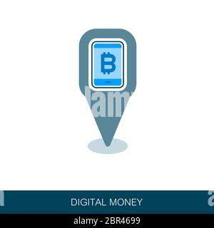 Bitcoin mobile app business pin icona della mappa. Puntatore Mappa. I marcatori mappa. Il design del vettore di tecnologia blockchain, bitcoin, altcoins, cryptocurrency mining, Foto Stock