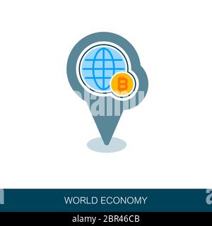 Economia globale pin icona mappa, finanziaria e il concetto di denaro. Puntatore Mappa. I marcatori mappa. Il design del vettore di tecnologia blockchain, bitcoin, altcoins, cryptoc Foto Stock