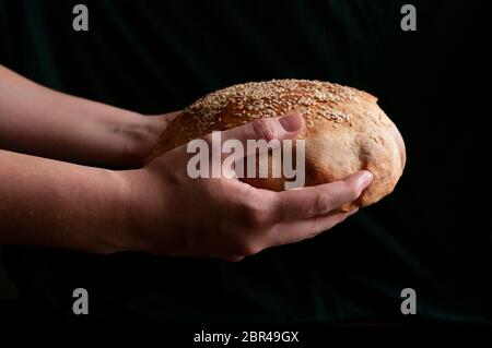 Mani femminili che tengono pane fresco sourpaste. Foto Stock