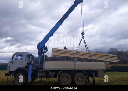 Gru su fondo cielo scarica tavole in cantiere.2020 Foto Stock