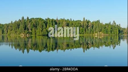 Riflessioni mattutine dei pini nel Bosco Nord sul Lago Saganagons nel Parco Provinciale Quetico in Ontario Foto Stock