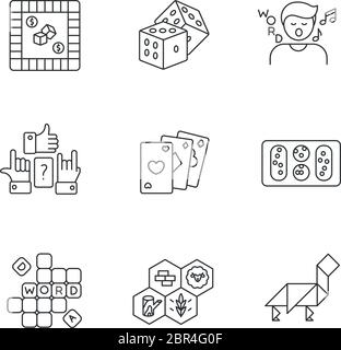 Divertente giochi pixel perfetto lineare icone set Illustrazione Vettoriale