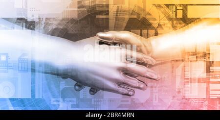 Partenariato digitale con handshake tra uomo e macchina Foto Stock