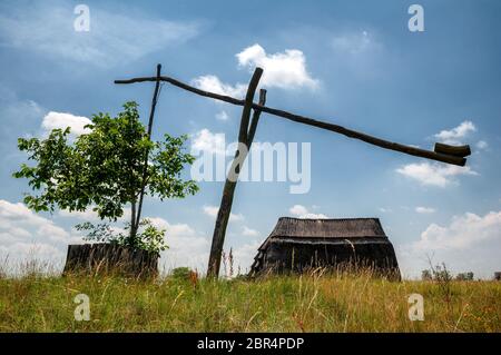 Draw bene e cottage canna in puszta, Parco Nazionale Lago Neusiedl, Burgenland, Austria Foto Stock