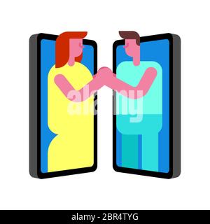 Date online. Rapporto online tra gli amanti. Coppia si trova sugli smartphone. Uomo e donna all'interno di gadget. Amore in quarantena e auto-isolamento Illustrazione Vettoriale