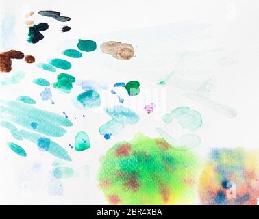 Colore astratti i tratti di pennello macchie e dipinte a mano da acquerelli su bianco carta aquarelle Foto Stock