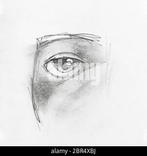 Schizzo di una parte del volto umano con occhio disegnati a mano dalla matita nera su carta bianca Foto Stock
