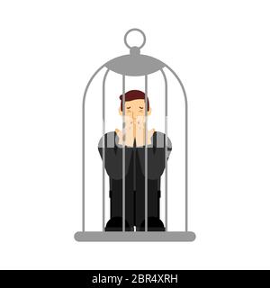 Uomo in gabbia di uccelli isolato. Concetto di prigionia e isolamento. Illustrazione Vettoriale