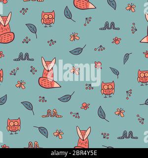 Animali di bosco senza cuciture modello. Simpatici personaggi disegnati a mano su sfondo verde. Illustrazione vettoriale. Illustrazione Vettoriale
