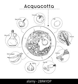 Cucina Italiana ricetta zuppa. Piastra con zuppa e ingredienti diversi isolati su uno sfondo bianco. Illustrazione Vettoriale Illustrazione Vettoriale