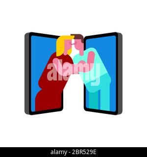 Bacio online. Rapporto online tra gli amanti. Coppia si trova sugli smartphone. Uomo e donna all'interno di gadget. Amore in quarantena e auto-isolamento i Illustrazione Vettoriale