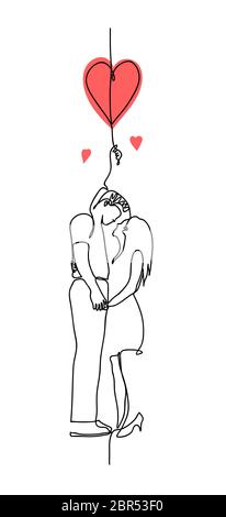 San Valentino romantico banner vettoriale verticale minimalista. Amore, cuore, coppia semplice verticale continuo un disegno di linea. Carta giornaliera di San Valentino Illustrazione Vettoriale