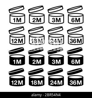 Data di scadenza dopo i simboli di apertura del prodotto. Cartello di durata per l'etichetta del prodotto. Periodo di mesi. Icone vettoriali PAO di cosmetici aperti mese di validità Illustrazione Vettoriale
