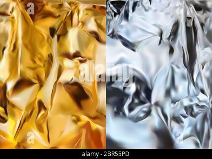 Lamina d'argento e lamina d'oro. Lucentezza la texture in argento e oro. pellicola 3d realistica. Illustrazione vettoriale. Illustrazione Vettoriale