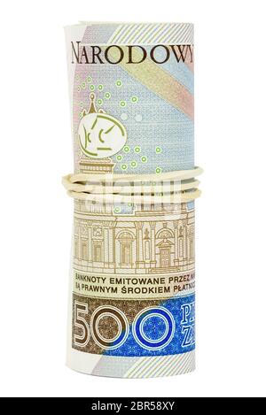 Banconote polacche da 500 PLN laminate con gomma isolata su sfondo bianco con percorso di ritaglio Foto Stock