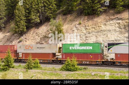 IN ROTTA KAMLOOPS A WHISTLER, CANADA - GIUGNO 2018: Trasporto di container su un treno pesante di trasporto in British Columbia, Canada. Foto Stock