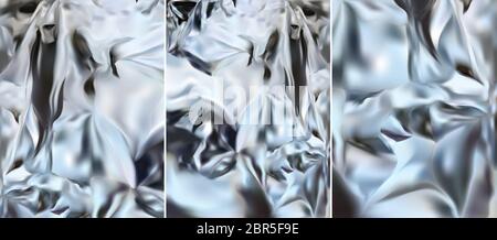 Lamina di argento. 3d realistico argento texture, argento lucido, metallo.tre diversi alluminio argento foglio. Impostare l'illustrazione del vettore. Illustrazione Vettoriale