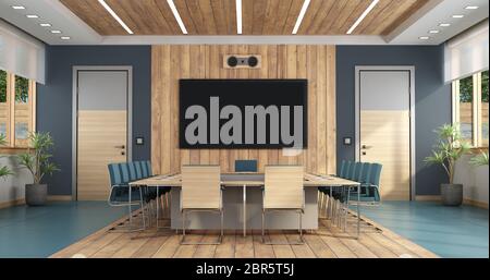 Elegante sala riunioni con grande tavolo riunioni,due porte e schermo piatto su sfondo - 3d rendering Foto Stock