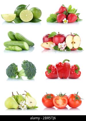 Frutta raccolta di verdure mele isolate pomodori fragole peperone colori frutta fresca su sfondo bianco Foto Stock